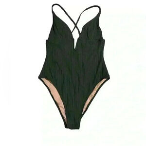 Shade & Shore Green Ribbed Plunge V-neck One Piece Swimsuit Women’s L